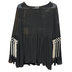 Boutique Basically Me Women's Black Sheer Babydoll Boho Fringe Gothic Size Small